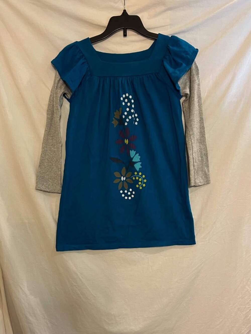 Tea Girls 6 Teal Gray Long Sleeve Ruffle Shoulder Floral Print Play School Dress